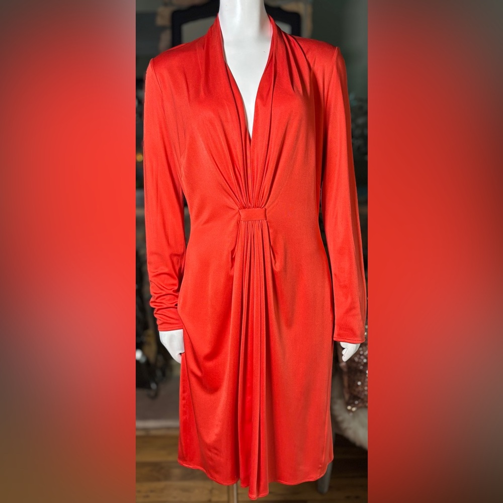 Issa London Long Sleeve Red V-neck Gathered Front 100% Silk Dress, Sz 8